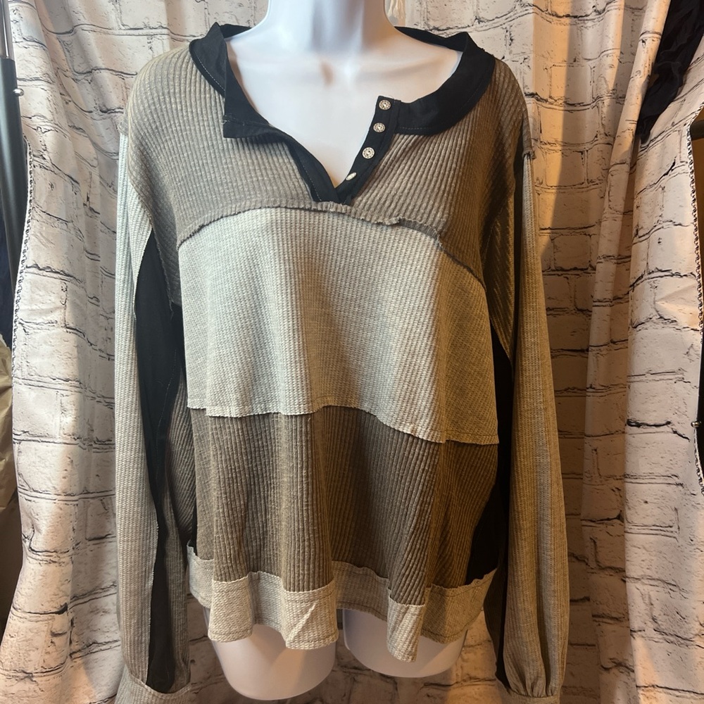🚨 POL Colorblock Long-sleeve Waffle Thermal Material Top
